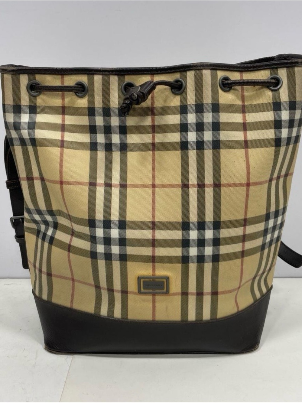 Burberry Beige Check Canvas Drawstring Crossbody Bag with Brown Trim/ Nova Check